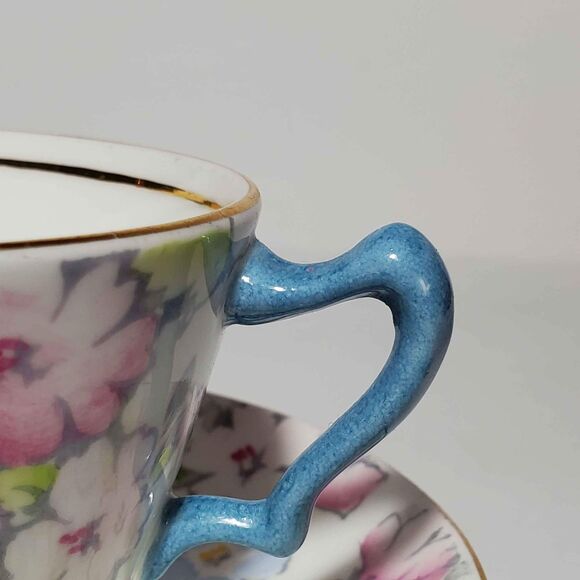 Crown Staffordshire Teacup and Saucer Pink Blue Flowers - Picture 4 of 10